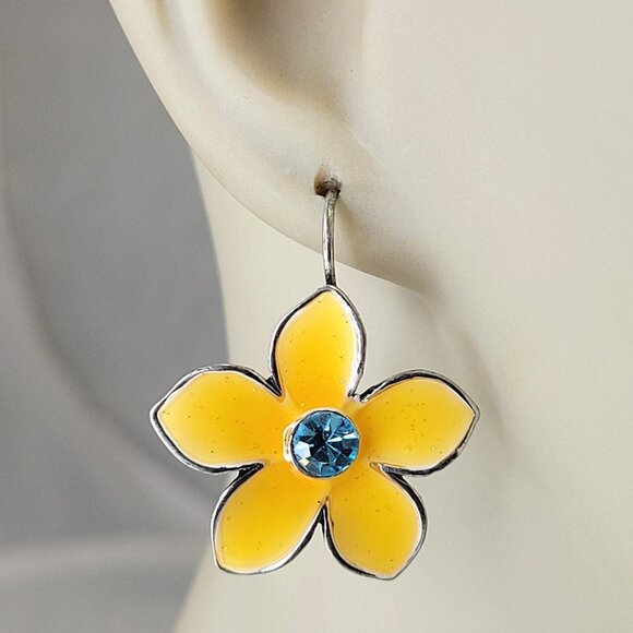 Yellow Enamel Flower Earrings with Blue Rhinestone - Picture 2 of 10